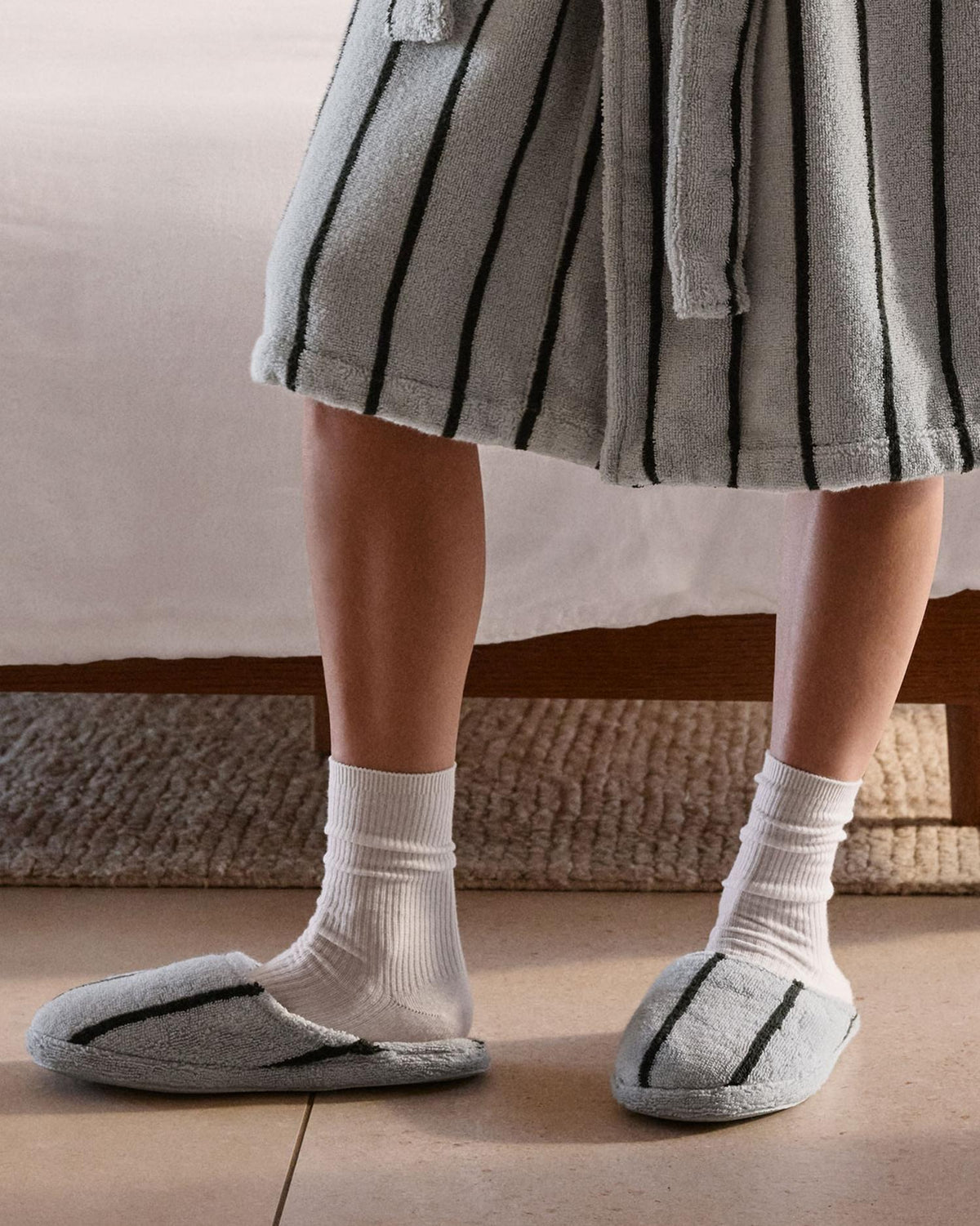 Turkish Cotton Stripe Slippers (Sky with Evergreen)